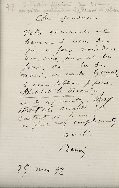 Brief von Renoir an Berthe Morisot (1841-95) bezüglich ihrer ersten Ausstellung, 25. Mai 1892 von Pierre Auguste Renoir